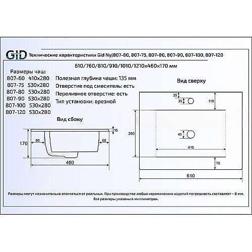 Раковина Gid Integrado 76 NYJ807-75 71115 белая купить в интернет-магазине Sanbest