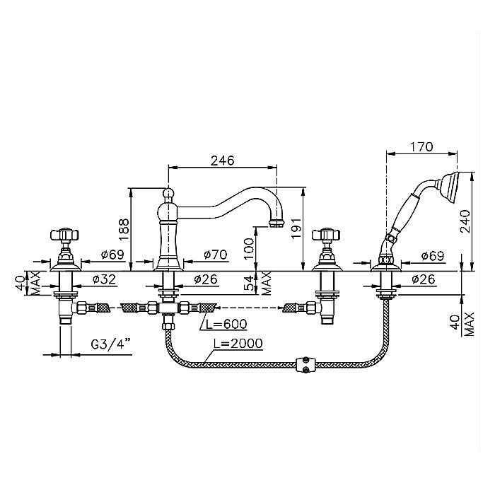 Смеситель для ванны Nicolazzi Dames Anglaises 1449CR18 хром купить в интернет-магазине сантехники Sanbest