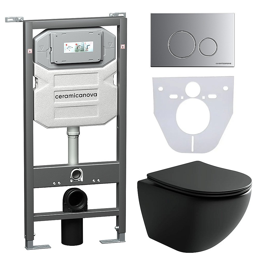 Унитаз подвесной Ceramica Nova Metropol CN4002MB_1001M_1000 черный матовый, безободковый, с крышкой микролифт, с инсталляцией и кнопкой хром матовой купить в интернет-магазине Sanbest