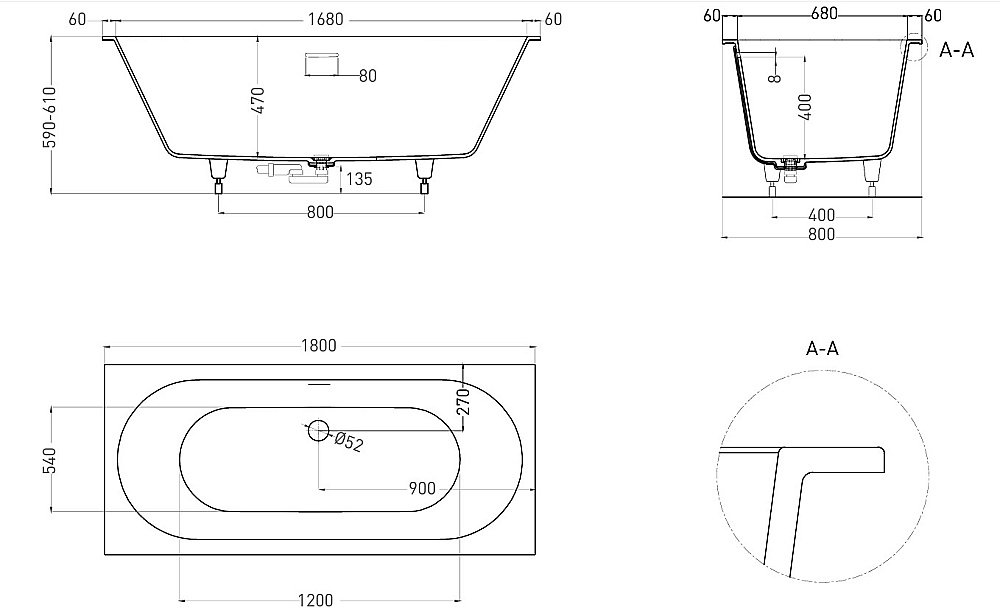 Ванна Salini Ornella AXIS S-Sense 180x80 103511GF RAL купить в интернет-магазине Sanbest