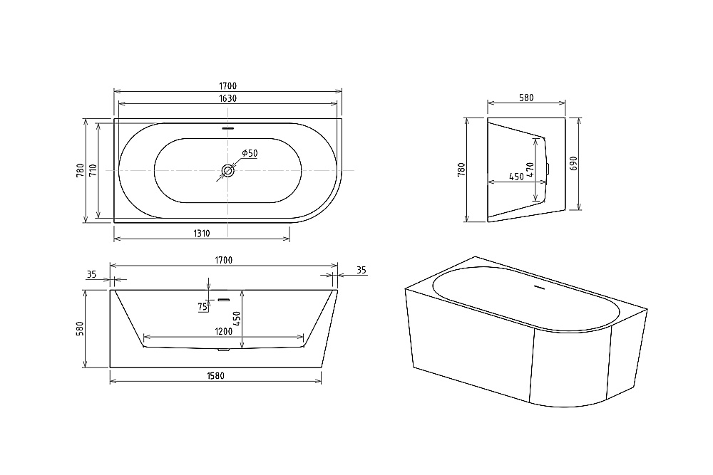 Акриловая ванна Royal Bath RIVA RB610311-GD 170х78 белый купить в интернет-магазине Sanbest