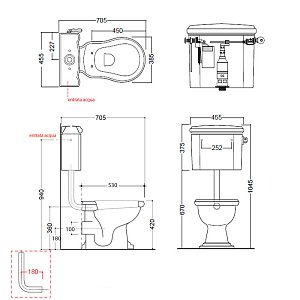 Унитаз напольный Kerasan Retro 1011 с низким бачком 1072 Белый/ручка золото купить в интернет-магазине Sanbest