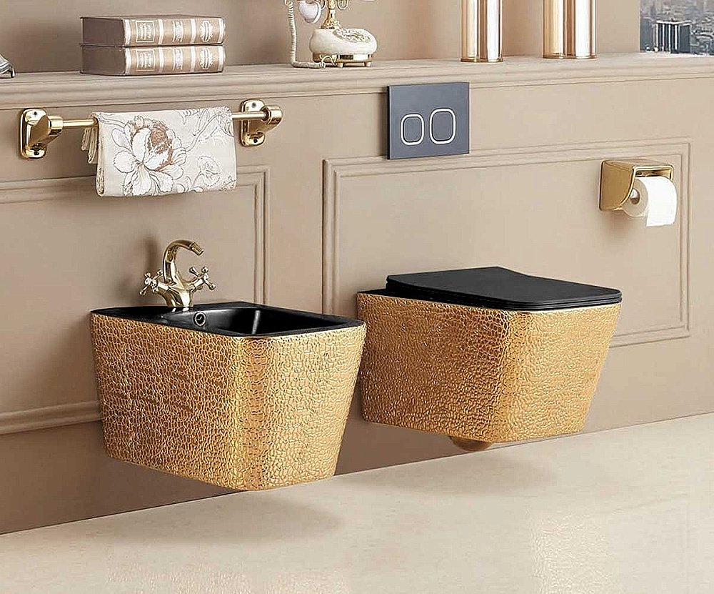 Унитаз подвесной Vincea Q-LINE VT1-12G1B безободковый, с крышкой микролифт, золото/черный купить в интернет-магазине Sanbest