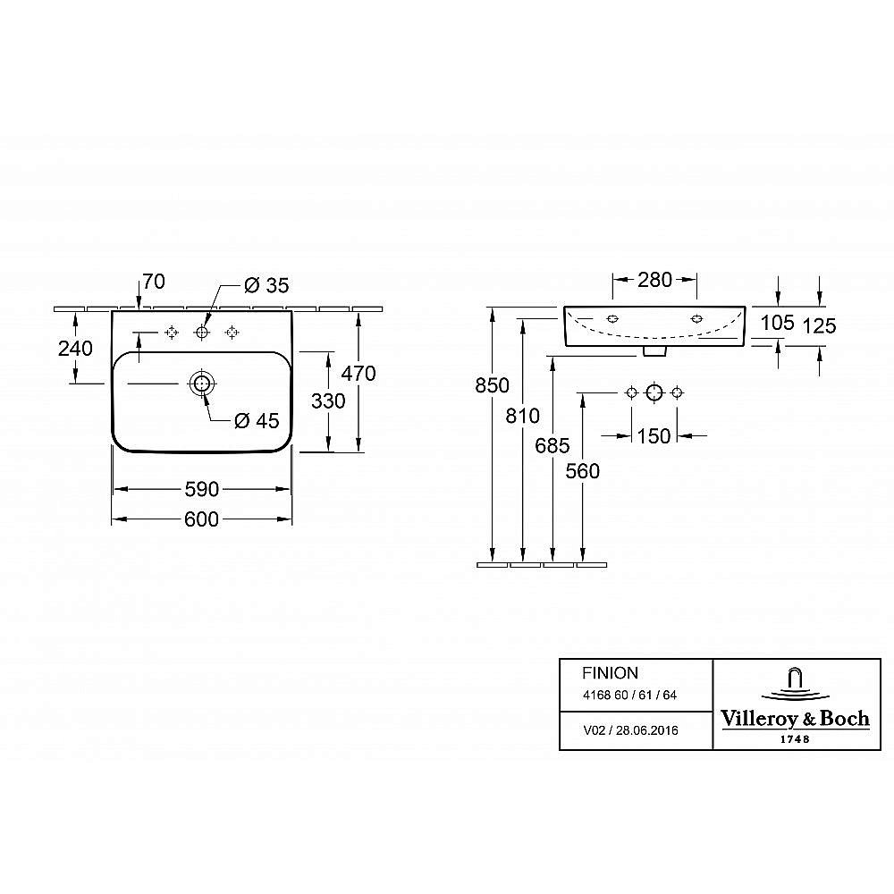 Раковина Villeroy&Boch Finion 416861R1 альпийский белый купить в интернет-магазине Sanbest