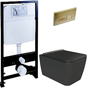 Унитаз Boheme Zen 967-B с инсталяцией и кнопкой 664-MG черный/матовое золото, безободковый купить в интернет-магазине Sanbest