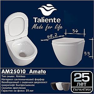 Унитаз подвесной Taliente Amato AM25010 Bianco opaco безободковый, с крышкой микролифт, белый матовый купить в интернет-магазине Sanbest