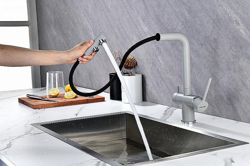 Смеситель для кухни Paulmark Serpentine Se213222-GRS серый дым купить в интернет-магазине сантехники Sanbest