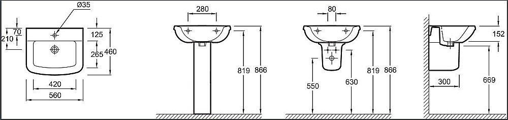 Раковина на полупьедестале Jacob Delafon PANACHE 56 E1434-00+E1431-00 белая купить в интернет-магазине Sanbest