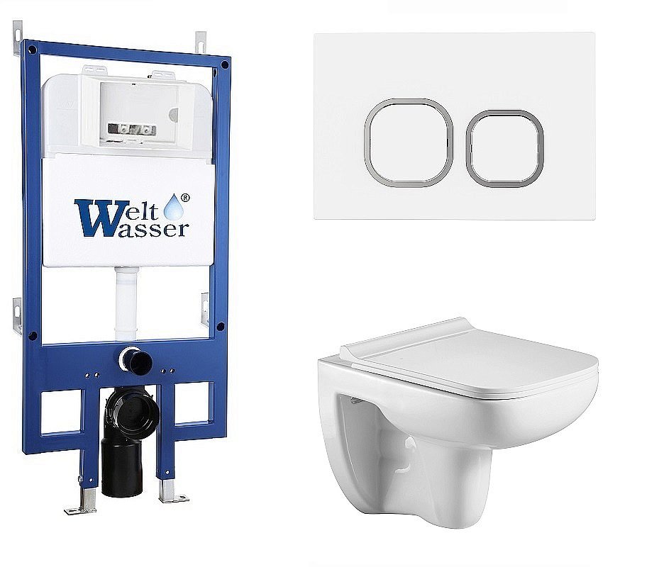 Унитаз подвесной WeltWasser BAMBERG 545+KEHLBACH 004 GL-WT+BAMBERG WT белый глянцевый, безободковый, с крышкой микролифт, с инсталляцией и белой кнопкой купить в интернет-магазине Sanbest