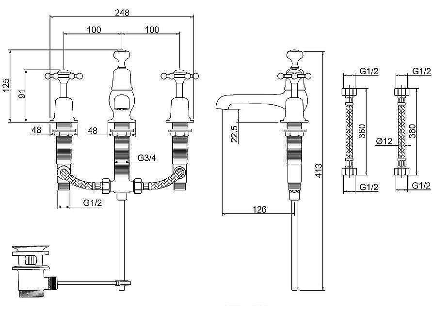 Смеситель для раковины Burlington BI12-QT BLA хром/ручки черные купить в интернет-магазине сантехники Sanbest