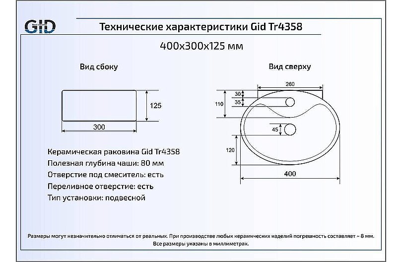 Раковина подвесная Gid Suspendido 40 Tr4358 61117 белая купить в интернет-магазине Sanbest