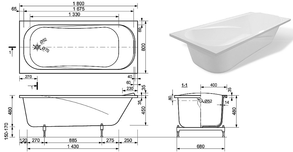 Ванна Эстет Альфа 180x80 цвет по RAL c блестками купить в интернет-магазине Sanbest