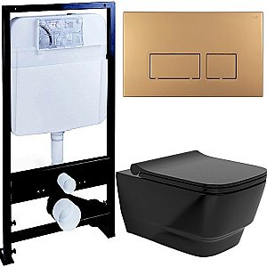 Унитаз Boheme Bello 971-B с инсталяцией и кнопкой 664-G черный/золото, безободковый купить в интернет-магазине Sanbest