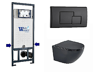 Унитаз подвесной WeltWasser WW MERZBACH 10000014152 с крышкой микролифт, безободковый, смыв торнадо, в комплекте с инсталяцией, черный матовый купить в интернет-магазине Sanbest