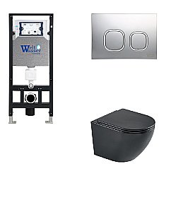 Унитаз подвесной WeltWasser AMBERG 506 + HEIMBACH 043 MT-BL + AMBERG RD-CR черный матовый, безободковый, с крышкой микролифт, слив-торнадо, с инсталляцией и кнопкой хром глянцевый купить в интернет-магазине Sanbest