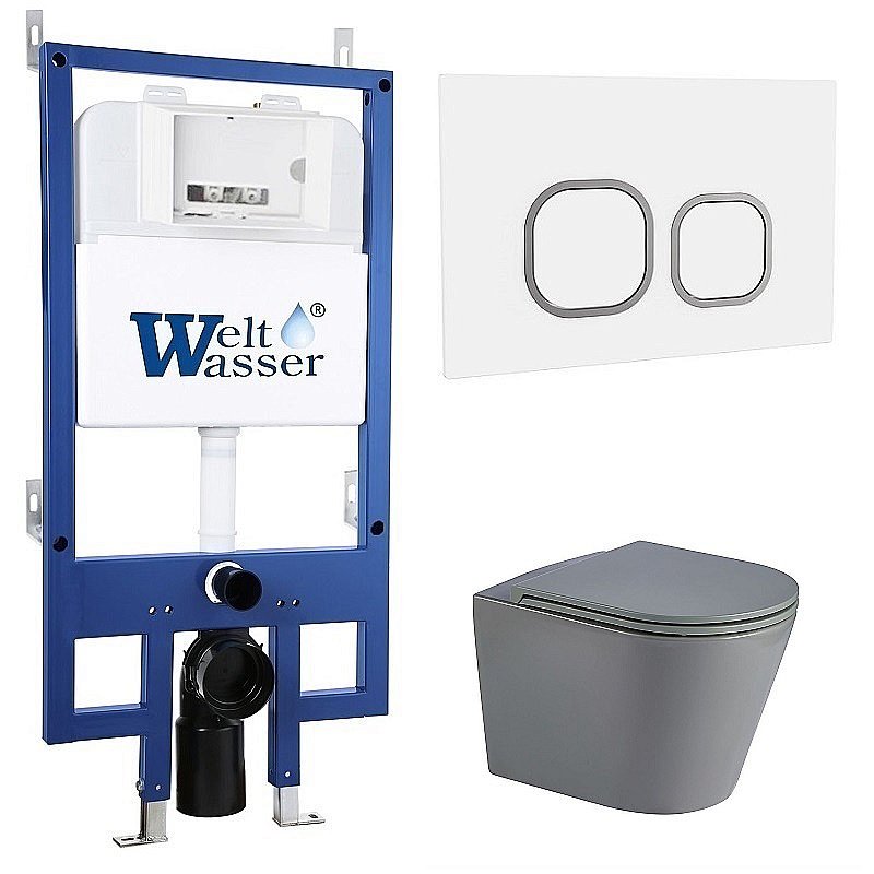 Унитаз с инсталляцией WeltWasser BAMBERG 545+SALZBACH 041 MT-GR+BAMBERG WT серый матовый/кнопка белая, безободковый, с крышкой микролифт, слив торнадо купить в интернет-магазине Sanbest