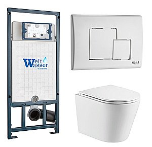 Унитаз подвесной WeltWasser MARBERG 507 + SALZBACH 043 GL-WT + MAR 507 SE GL-WT белый глянцевый, безободковый, с крышкой микролифт, слив торнадо, с инсталляцией и белой глянцевой кнопкой купить в интернет-магазине Sanbest