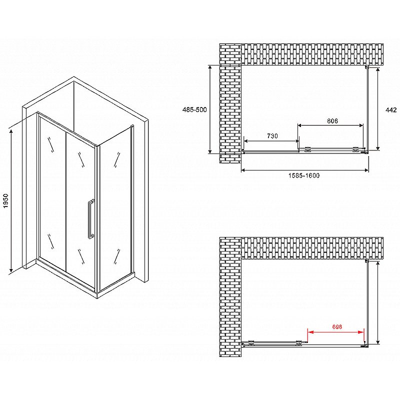 Душевой уголок Abber Schwarzer Diamant 160x50 AG30160BH-S50B стекло прозрачное/профиль черный купить в интернет-магазине Sanbest