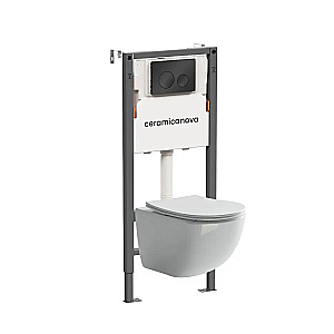 Унитаз подвесной Ceramica Nova Forma CN3009 белый, безободковый, с инсталляцией Balance CN121001MB и кнопкой Circle черный матовый купить в интернет-магазине Sanbest