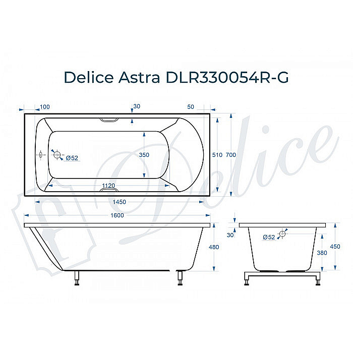 Ванна Delice Astra DLR330054R-G 160х70 белая/ручки хром купить в интернет-магазине Sanbest