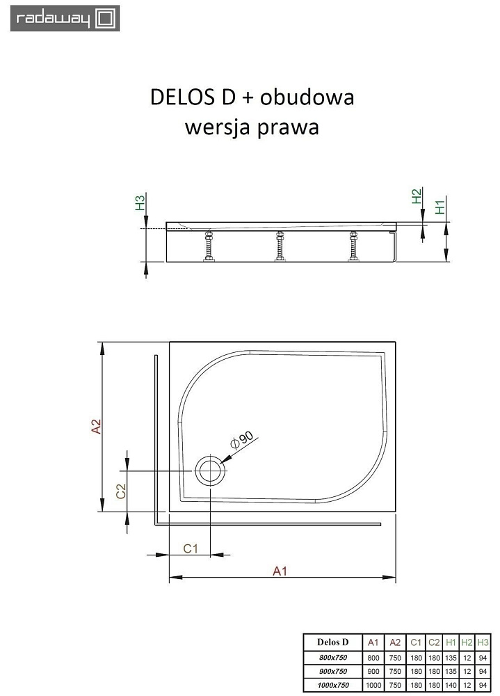 Душевой поддон со съемной панелью Radaway Delos D 90х75 купить в интернет-магазине Sanbest