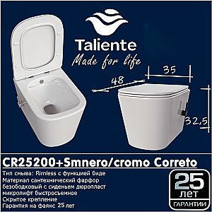 Унитаз подвесной Taliente Correto CR25200+Smcromo безободковый, функция биде, с крышкой микролифт, белый купить в интернет-магазине Sanbest