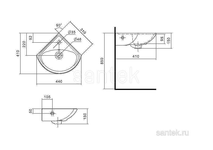Раковина подвесная Santek Ирис 44 1.WH11.0.514 белая купить в интернет-магазине Sanbest