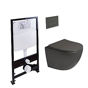 Унитаз подвесной с инсталляцией SantiLine SL-5005T-DG+SL-01/DG тёмно-серый матовый/кнопка тёмно-серая матовая, безободковый, с крышкой микролифт, слив торнадо купить в интернет-магазине Sanbest