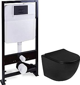 Унитаз подвесной SantiLine SL-5018MB+SL-03 безободковый, с инсталляцией, с крышкой микролифт, черный матовый/кнопка черная матовая купить в интернет-магазине Sanbest