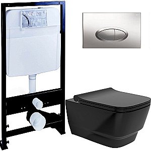 Унитаз Boheme Bello 971-B с инсталяцией и кнопкой 665-CR черный/хром, безободковый купить в интернет-магазине Sanbest