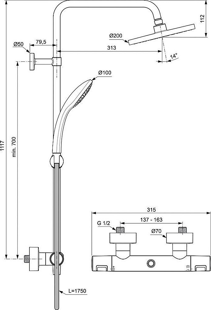 Душевая система Ideal Standard CERATHERM T25 A7545XG купить в интернет-магазине сантехники Sanbest