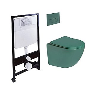 Унитаз подвесной с инсталляцией SantiLine SL-5107 + SL-01/G зеленый матовый/кнопка зеленая матовая, безободковый, с крышкой микролифт купить в интернет-магазине Sanbest