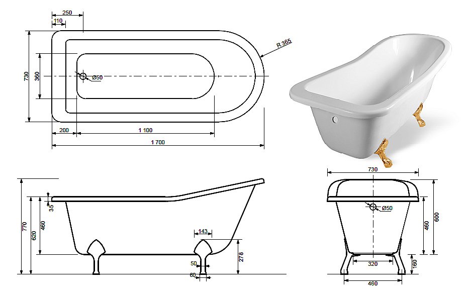 Ванна Эстет Царская 170x73 белая купить в интернет-магазине Sanbest