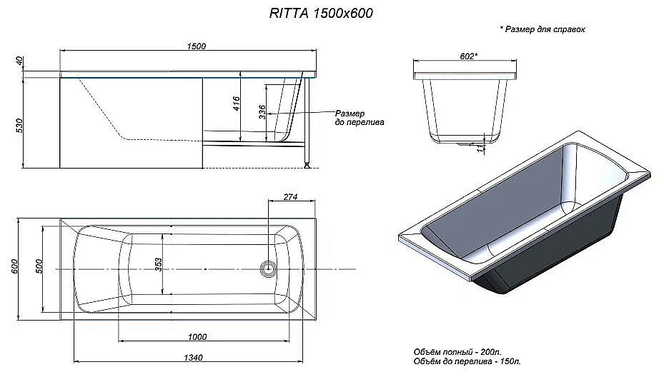 Ванна акриловая TIMO RITTA1560 150х60 белая купить в интернет-магазине Sanbest
