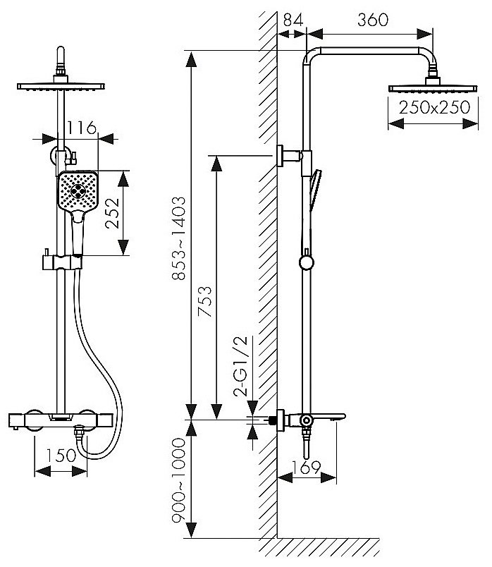 Душевая система Kaiser Serio 05382-15 вороненая сталь купить в интернет-магазине сантехники Sanbest