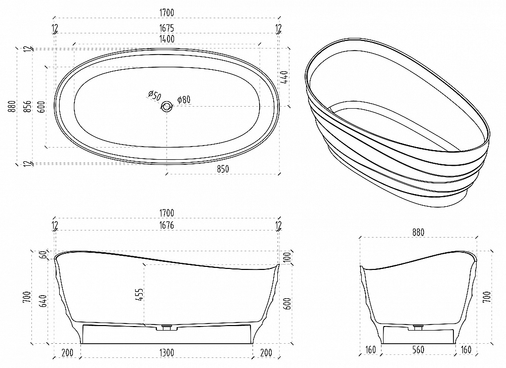 Ванна прозрачная Abber Kristall 170х88 AT9709Onyx черная купить в интернет-магазине Sanbest
