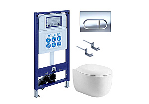 Унитаз подвесной с инсталляцией Aquatek Альтаир SET AQUATEK АЛЬТАИР cm-043 4в1 белый/кнопка хром, безободковый, с крышкой микролифт купить в интернет-магазине Sanbest