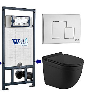 Унитаз подвесной WeltWasser MARBERG 507 + HEIMBACH 043 MT-BL + MAR 507 SE GL-WT черный матовый, безободковый, с крышкой микролифт, слив-торнадо, с инсталляцией и белой кнопкой купить в интернет-магазине Sanbest