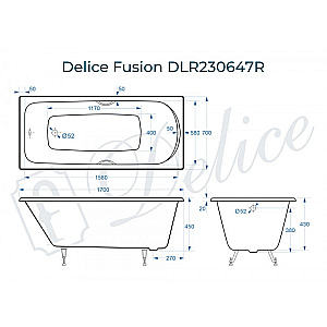 Ванна чугунная Delice Fusion DLR230647R 170х70 белая, с отверстиями под ручки купить в интернет-магазине Sanbest