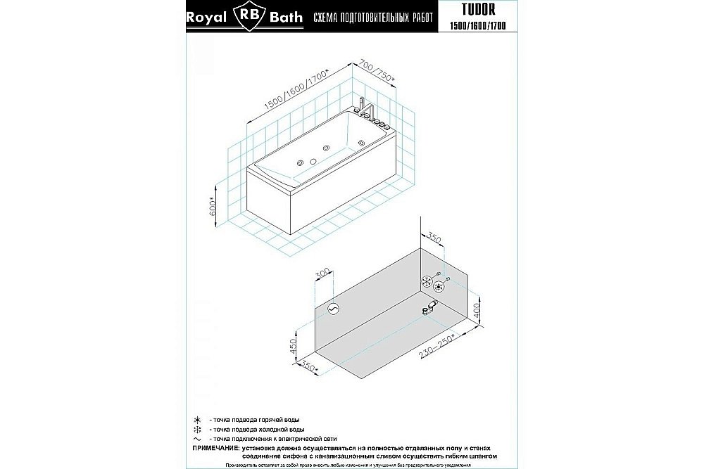 Акриловая ванна Royal Bath Tudor Standart RB407700ST 150x70 белая с гидромассажем купить в интернет-магазине Sanbest