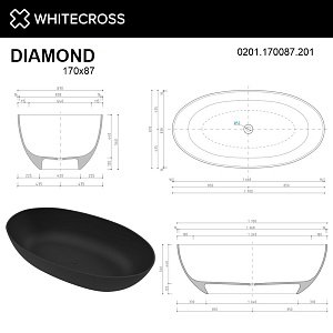 Ванна из искусственного камня WhiteCross Diamond 170x87 черный матовый купить в интернет-магазине Sanbest