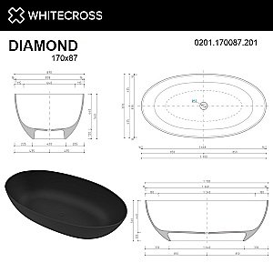Ванна из искусственного камня WhiteCross Diamond 170x87 черный матовый купить в интернет-магазине Sanbest