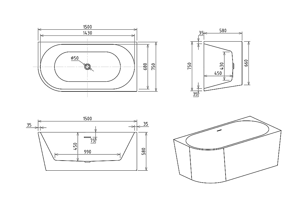 Акриловая ванна Royal Bath RIVA RB610310-BL 150х75 белый купить в интернет-магазине Sanbest