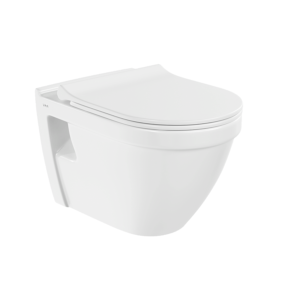 Унитаз подвесной VitrA S50 9003B003-7203 безободковый, с инсталляцией, с крышкой микролифт, белый/клавиша глянцевая белая купить в интернет-магазине Sanbest