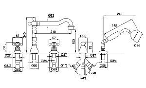 Смеситель на борт ванны на 5 отв. Migliore Arcadia ML.ARC-8380 золото купить в интернет-магазине сантехники Sanbest