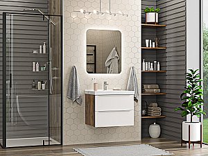 Тумба с раковиной Misty Карат - 65 П-Кар09065-01/19-2Я белый/темное дерево для ванной в интернет-магазине Sanbest