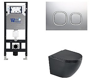 Унитаз подвесной WeltWasser AMBERG 506 + HEIMBACH 043 MT-BL + AMBERG RD-MT CR черный матовый, безободковый, с крышкой микролифт, слив-торнадо, с инсталляцией и кнопкой хром матовый купить в интернет-магазине Sanbest
