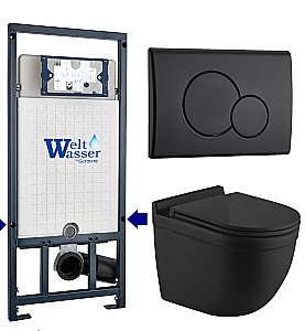 Унитаз подвесной WeltWasser MARBERG 507 + HEIMBACH 043 MT-BL + MAR 507 RD MT-BL черный матовый, безободковый, с крышкой микролифт, слив-торнадо, с инсталляцией и черной матовой кнопкой купить в интернет-магазине Sanbest