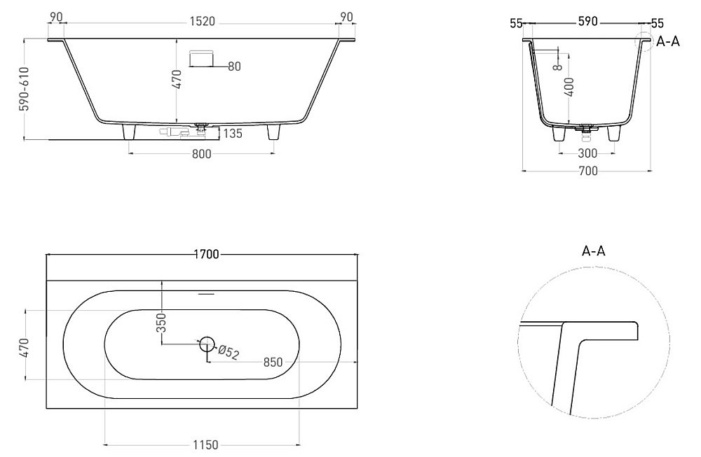Ванна Salini Ornella AXIS KIT S-Stone 170x70 104723MRH белая/внутри RAL матовая купить в интернет-магазине Sanbest