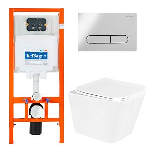 Унитаз подвесной BelBagno Due BB3103CHR/SC безободковый, с крышкой микролифт, с инсталляцией и кнопкой хром купить в интернет-магазине Sanbest